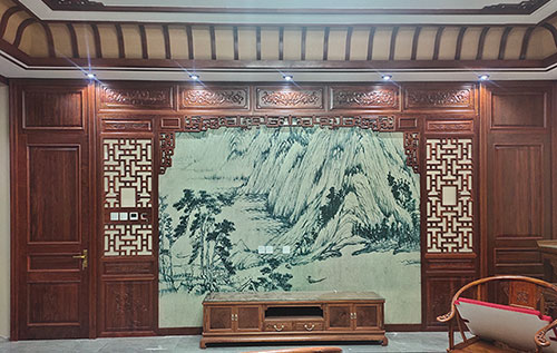 平湖中式仿古别墅客厅背景墙花格木作装饰